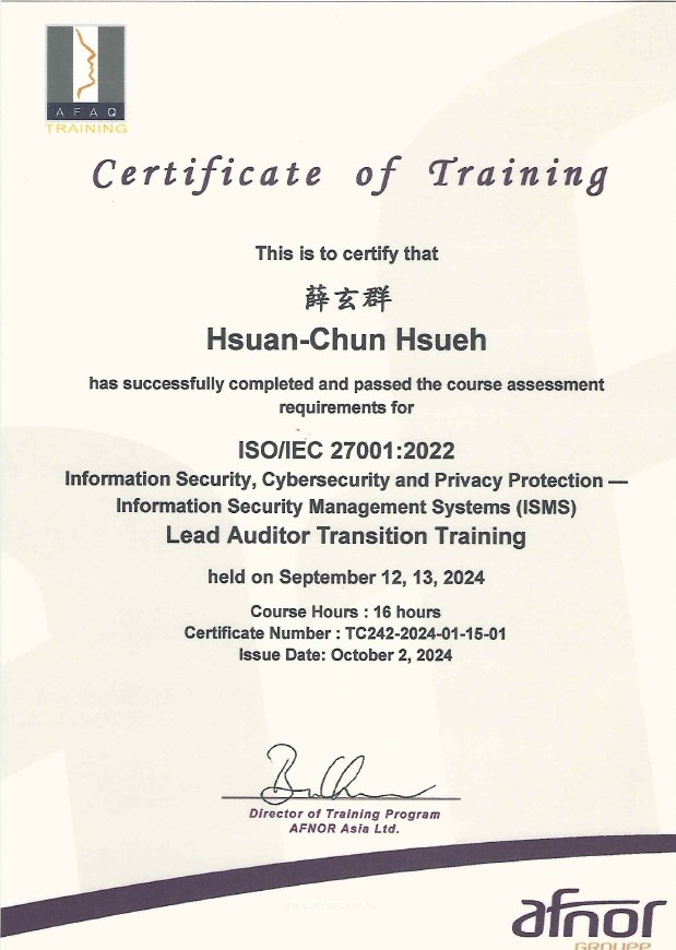 ISO27001:2022 ISMS Lead Auditor Training Course證照